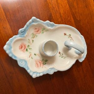 Vintage Floral Porcelain Chamberstick Candle Holder; Pink, Blue, White; Flawless